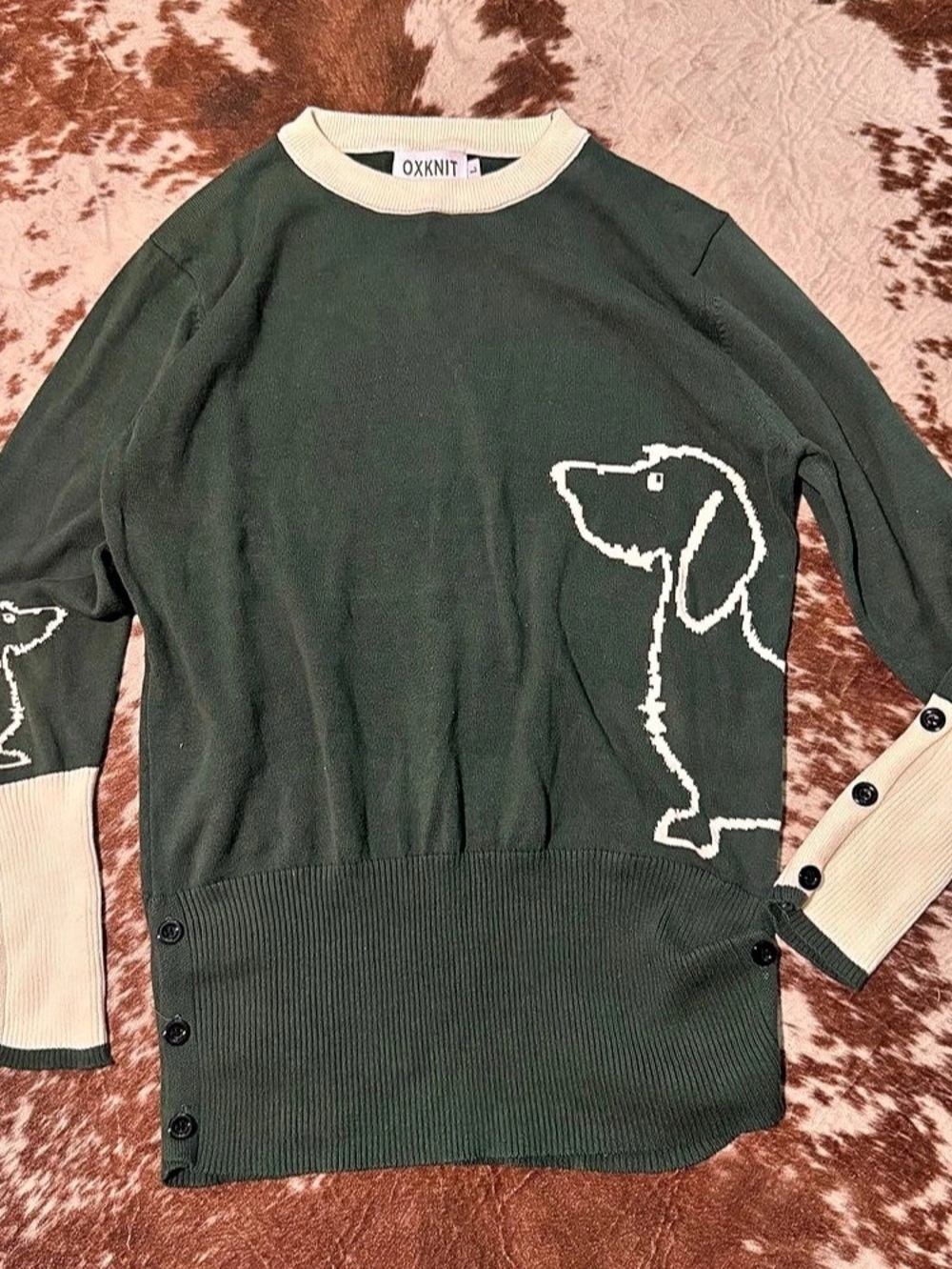 OXKNIT Women's Dark Green Vintage Dachshund Jacquard Knit Dachshund Jacquard